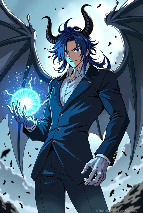 1 male, anime art style, A young man, Long hair, dark blue and white hair, wearing a black suit, Dark blue pants, and silver Gloves, Dragon Horns, Black Dragon Wings, Heterochromia eyes, Aquamarine Eyes, a muscular body, with a Silver and black magic aura,...