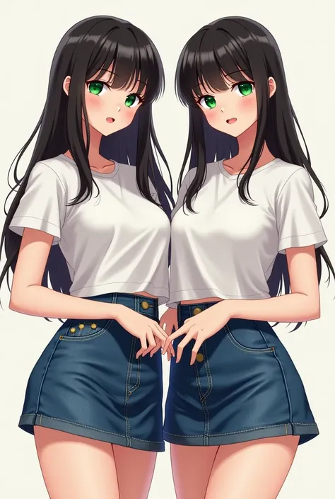 2 woman wearing a mini denim skirt and a white t-shirt, long dark hair, green eyes