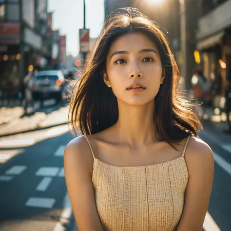 A hyper-realistic image of a single Japanese woman in her early 20s, captured from the shoulders up with the nostalgic warmth and subtle graininess of a film camera. She stands against the backdrop of a bustling city street, where soft, diffused natural li...