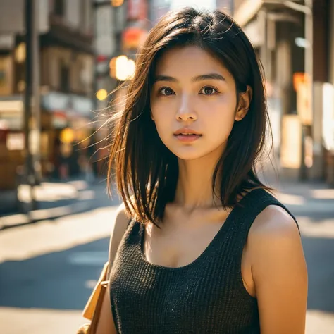 A hyper-realistic image of a single Japanese woman in her early 20s, captured from the shoulders up with the nostalgic warmth and subtle graininess of a film camera. She stands against the backdrop of a bustling city street, where soft, diffused natural li...