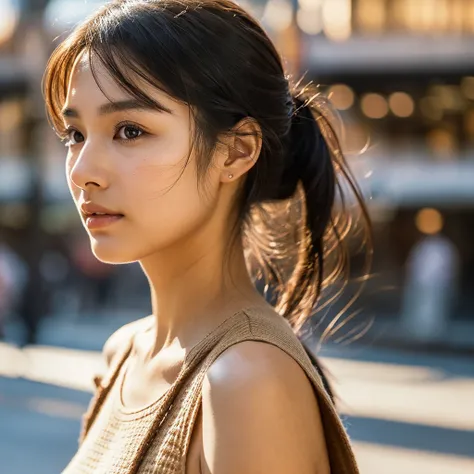 A hyper-realistic image of a single Japanese woman in her early 20s, captured from the shoulders up with the nostalgic warmth and subtle graininess of a film camera. She stands against the backdrop of a bustling city street, where soft, diffused natural li...