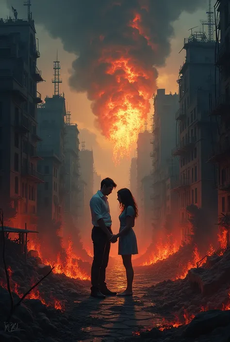 create a book cover where the title is: between flames and ruins, where it doesn&#39;t show the characters&#39; faces, the book is a dark romance, enemies to lovers, put details of betrayals on the cover, conflicts, crimes 
