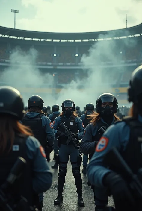 Photogenic women riot police officers, behind a stadium, group of rioters, police armored vehicles, women soldiers aiming with a gun,  Tear gas, smoke bombs, black smoke, 