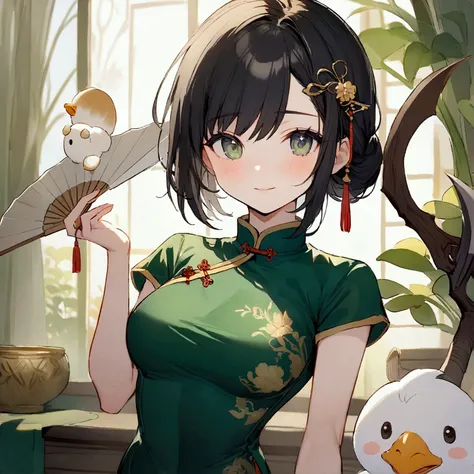 Cute black-haired girl，Wearing emerald green cheongsam, Handheld fan，There is also a pet goose next to it,scythe ,hairpin