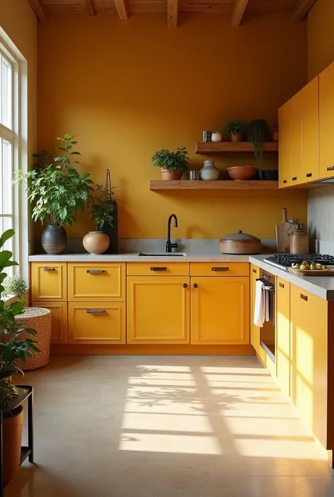 Mustard colored kitchen wall combined with cement colored floor