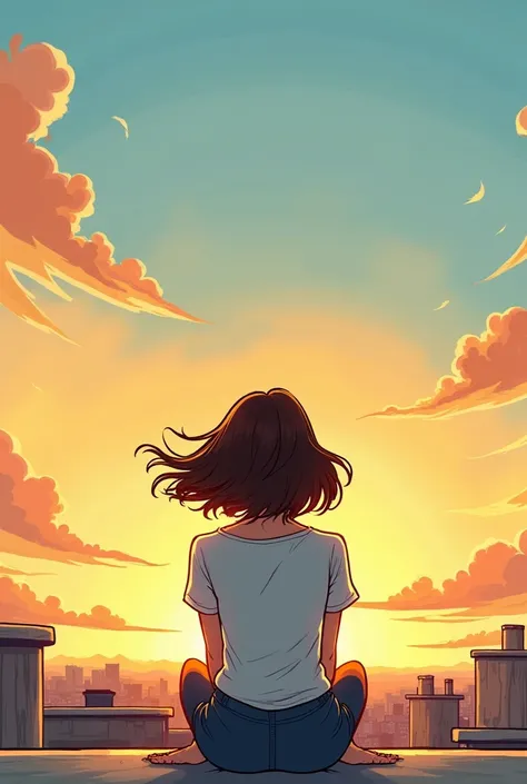 Adult girl with medium short hair sitting with her back to the camera on a rooftop with clear sunset sky and wind abstract cartoon drawing 

