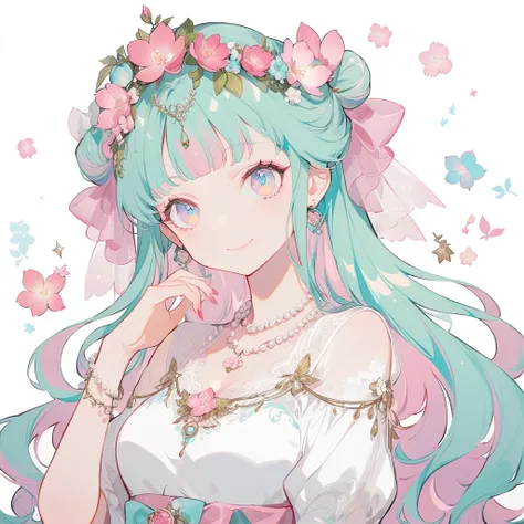 A cute young girl, polite smile, medium breasts, curly aqua long hair, pearl necklace, beautiful wreath on her head, like a beautiful sweet princess, glittering.like a beautiful and sweet princess, kawaii art style, anime character design, pastel eyes, hig...