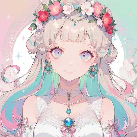 A cute young girl, polite smile, medium breasts, curly aqua long hair, pearl necklace, beautiful wreath on her head, like a beautiful sweet princess, glittering.like a beautiful and sweet princess, kawaii art style, anime character design, pastel eyes, hig...