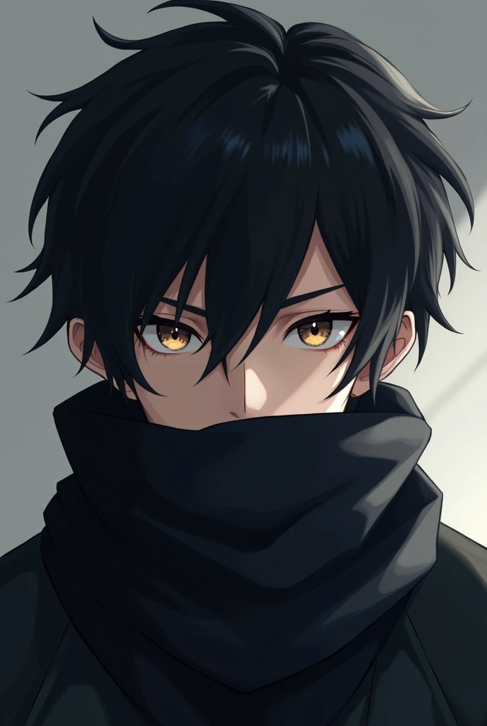 Anime boy with short dark hair and black scarf and cold look