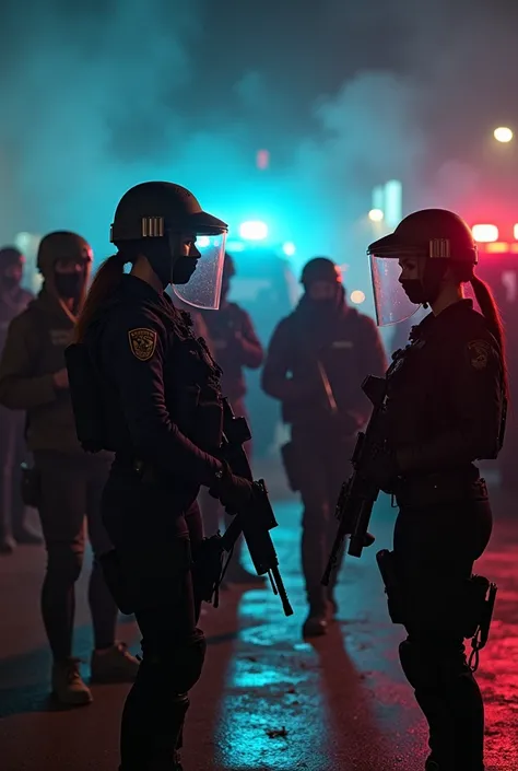 Photogenic women riot police officers, behind a parking lot, group of people causing trouble, police armored vehicles, women soldiers aiming with a gun,  Tear gas, smoke bombs, black smoke, 