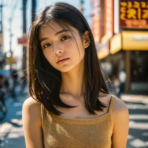 A hyper-realistic image of a single Japanese woman in her early 20s, captured from the shoulders up with the nostalgic warmth and subtle graininess of a film camera. She stands against the backdrop of a bustling city street, where soft, diffused natural li...