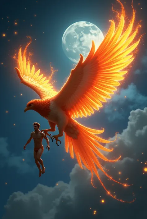 Finix bird, with fire, flying in the sky, take a man in its mouth, in a moonlit night 