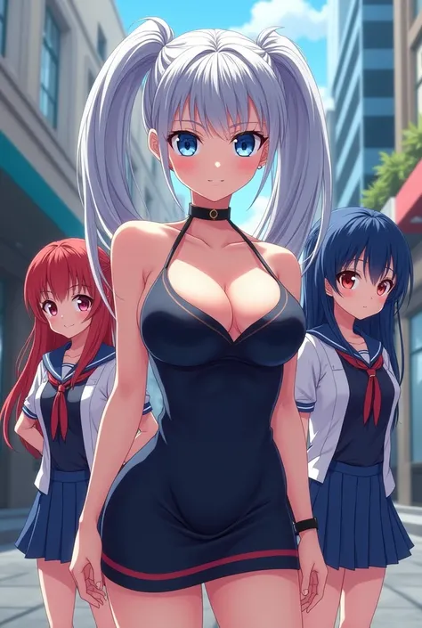 anime girl naughty with blue eyes silver hair 2 pony tail and big boobs background in city with dress and 2 twins little sister red eyes and blue eyes blue hair and red hair with school clothes