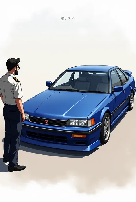 Honda ef 1989 royal blue with black luxury rings rear and front bumper with bumper lights on the hood white round headlights with a person watching it from outside with a military man with a shorter beard and glasses vanz sueta shoes and black pants comple...