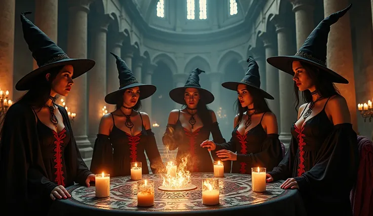 8k ultra sensual witches doing a demonic spell with a black red outfit and with a yellow stripe in a beautiful castle
