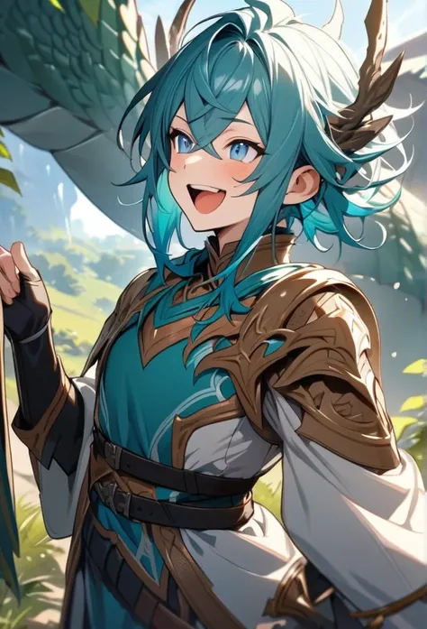 Solo, ((1 young boy)), turquoise hair, blue eyes, (((high quality))), masterpiece, detailed face, fantasy design, fantasy clothes, fantasy beautiful clothes, dragon, Crossed Bangs, adventure cloth, (boy), male, laugh