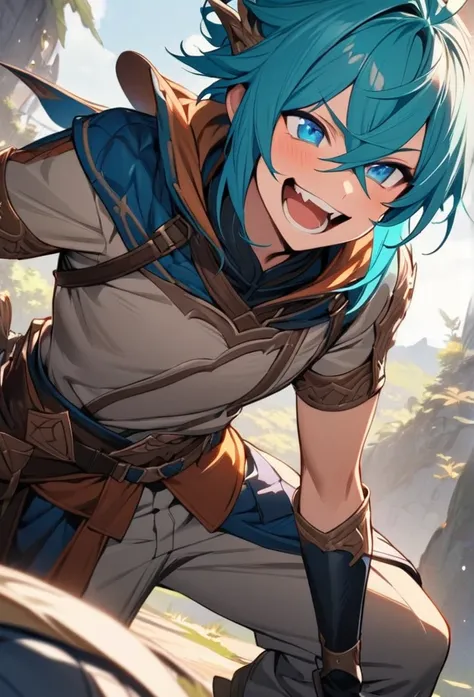 Solo, ((1 young boy)), turquoise hair, blue eyes, (((high quality))), masterpiece, detailed face, fantasy design, fantasy clothes, fantasy beautiful clothes, dragon, Crossed Bangs, adventure cloth, (boy), male, laugh