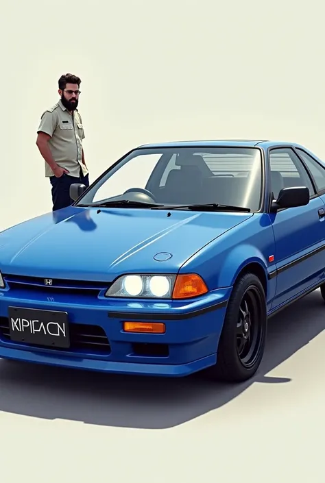 Honda ef 1988 royal blue with black luxury rings rear and front bumper with bumper lights on the hood white round headlights with a person watching it from outside with a military man with a shorter beard and glasses vanz sueta shoes and black pants comple...