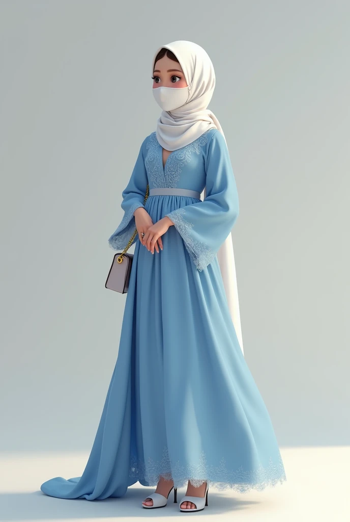 A girl wearing white mouth mask with long beautiful blue dress like cinderella with chest cover with hijab with heel with ring on finger and handbag