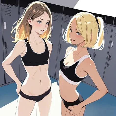 (super flat, flat shading, flat color:1.1), (locker room),  2 girls, Young teen, high school girl, slim, small breasts, blonde hair, black hair, (white sports bra, black panties) and (black sports bra, white panties), smile, blush,, view from below, (Low -...