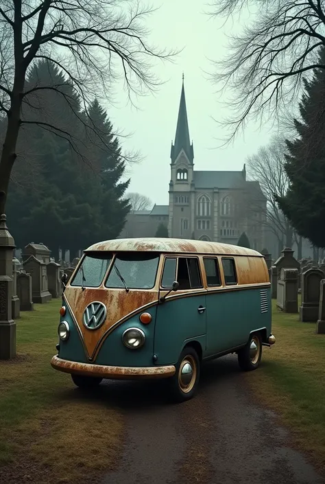 Wide angle Photo of an old model van parked in a cemetery with a church in the distance