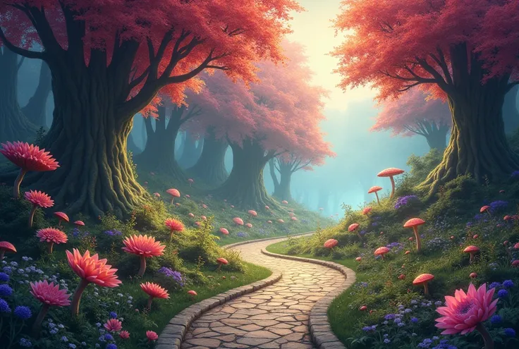 A stone path in the middle of a magical forest with trees of various colors and several fantasy creatures