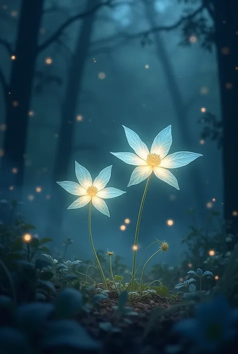 Dark, mystical forest sky with scattered stars, illuminated by an ethereal glow, as two delicate, glowing flower leaves, with soft, feathery petals and slender stems, tenderly dance in mid-air, carried by the gentle whispers of the wind, their luminescent ...