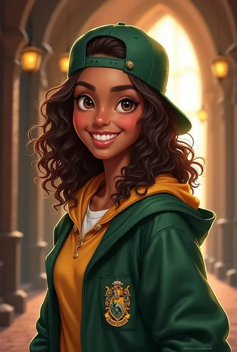 Good looking fifteen years old metis teenager, very tanned skin, matte complexion, brown skin, brown eyes, light brown curly hair, happy, surfer style, wearing backwards cap and Hufflepuff uniform, posing in a Hogwarts corridor, ultra realistic