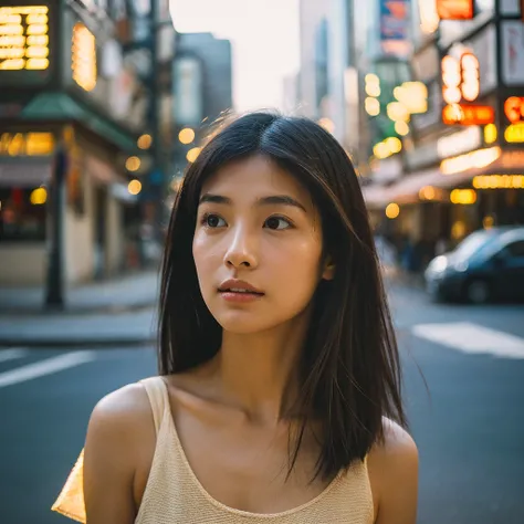 A hyper-realistic image of a single Japanese woman in her early 20s, captured from the shoulders up with the nostalgic warmth and subtle graininess of a film camera. She stands against the backdrop of a bustling city street, where soft, diffused natural li...