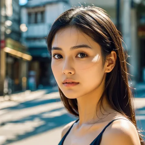 A hyper-realistic image of a single Japanese woman in her early 20s, captured from the shoulders up with the nostalgic warmth and subtle graininess of a film camera. She stands against the backdrop of a bustling city street, where soft, diffused natural li...