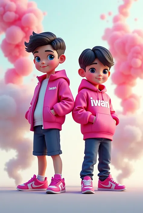 Create a 3D illustration of a 2 boy wearing a pink jacket with the words “IWAN” smoke artistically forming a frame edit Photoshop Computer named.