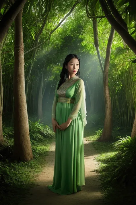 A mysterious and enchanting scene set in a dense banana grove, bathed in soft moonlight. In the midst of the grove stands Nang Tani, a beautiful ghostly figure clad in a bright, soft green traditional Thai dress. Her long black hair flows gently as she mov...