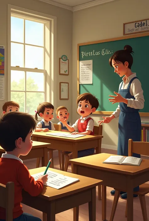 An illustration of a classroom with a teacher and students, focusing on a young student reciting a nursery rhyme while the teacher listens attentively.
