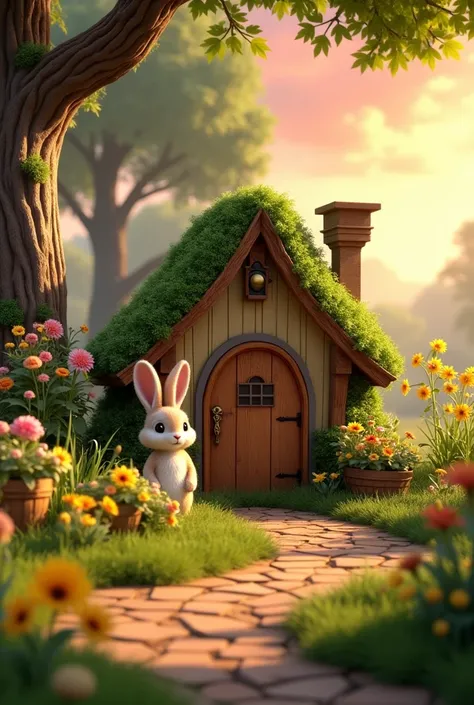 Picture a whimsical, small-scale rabbit house with a petite, rustic wooden door, adorned with a tiny brass door knocker in the shape of a rabbit, nestled amidst a lush, vibrant garden teeming with an assortment of colorful flowers, including daffodils, sun...