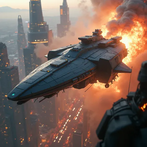 a masterpiece, epic sci-fi space battle, a massive spacecraft, highly detailed spaceship, futuristic cityscape of San Francisco, dramatic lighting, cinematic composition, hyperrealistic, cinematic, 8k, photorealistic, intricate details, stunning visuals, c...