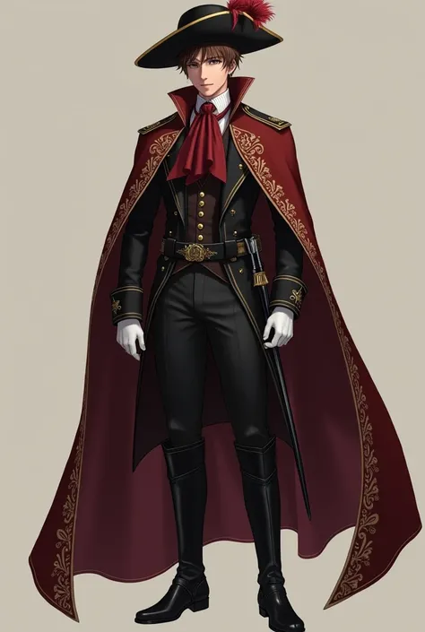 A boy of 1.70,   but overdeveloped, calm eyes, Well-shaped nose, half thin, brown hair and black eyes wearing this clothes:

- Maroon cape with gold embroidery - Long black wool jacket (Approximate length 115-120 cm)
- Black vest (Under the jacket)
- Black...