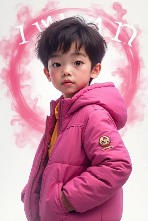 Create arealistic illustration of a  boy wearing a pink jacket with the words “IWAN” smoke artistically forming a frame edit Photoshop Computer named.