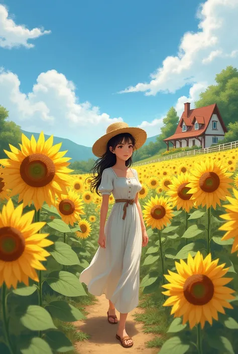 young woman, wearing country clothes, walking among sunflowers, Sunnyday, country house in the background, BLUE SKY, 1600x1000, best qualityer.