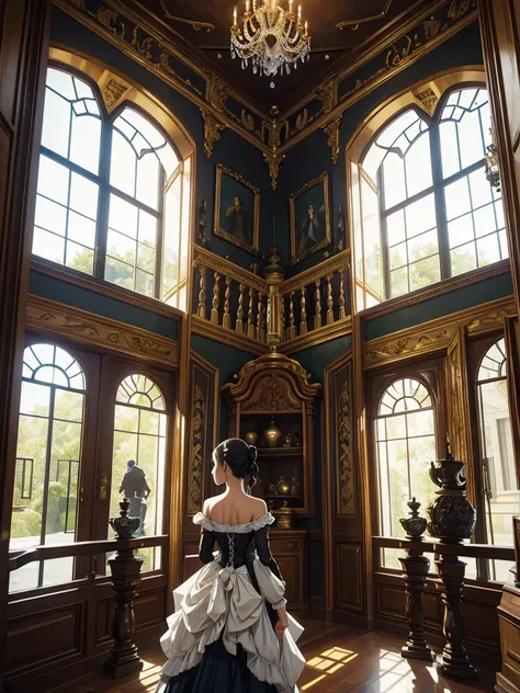 A photograph of a woman inside a Rococo style house standing in front of a window contemplating her collection of motorcycles seen from behind 