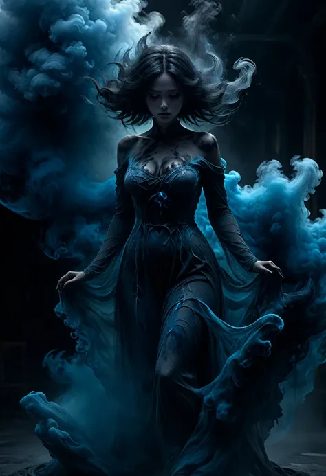 a dark ghostly spirit made of black smoke, 1 girl, giant breast, blue colors, ethereal, dramatic, dark fantasy, ultra realistic, 8k, high quality, photorealistic