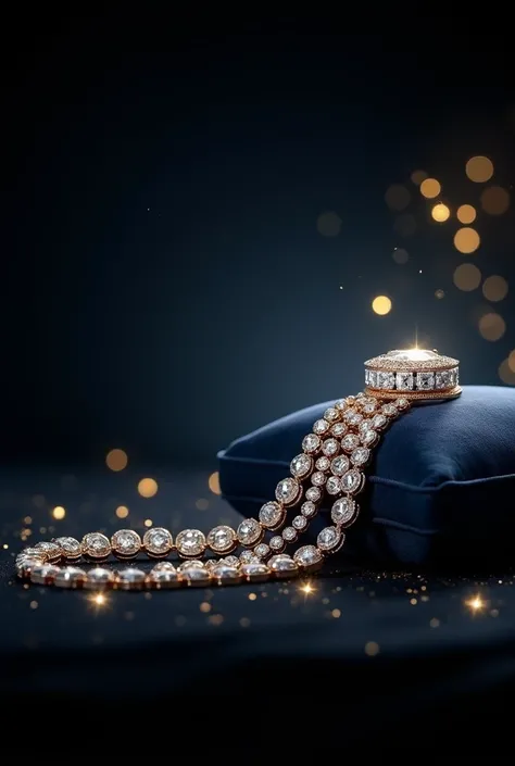 Design a luxury-themed web banner for a jeweler, with dimensions of 900 by 300 pixels. The banner should have a dark, elegant background in either deep black or midnight blue with subtle golden accents around the edges to create a premium feel.Position a s...