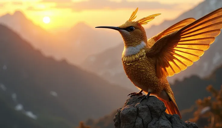 (Close-up of a majestic masterpiece:1.5)0.9], (Strong and united hummingbird:1.2), (Detailed golden armor:1.1), (Perched on top of an epic mountain:1.2), (Landscape at dusk:1.0), (Radiant light around the hummingbird:1.1), (Epic scenery symbolizing unity a...