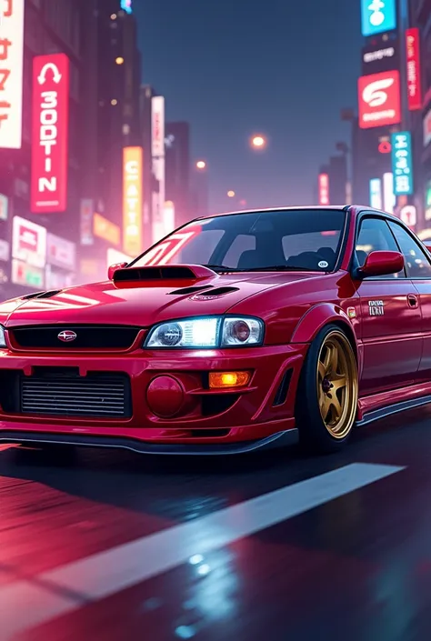 Subaru impreza sti 1997 red with gold rims with anime style semi slick tires