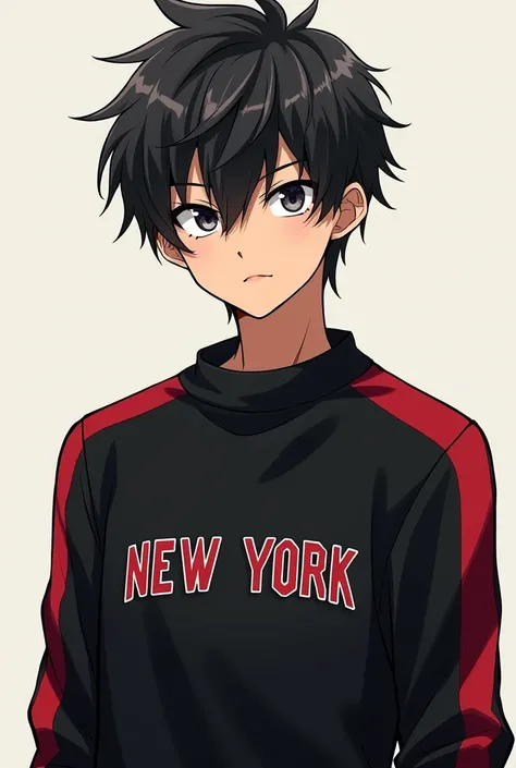 An image of an anime boy with slightly messy hair and a black sweater with red stripes from the shoulders to the sleeves and that says New York in the center with a slightly serious face and a little more muscular. I want a sweater with a red stripe from t...