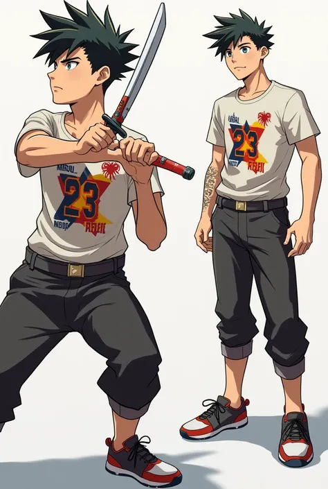 Create two anime images with the Tiago PZK cut and wearing the Jordan 23 shirt, one with a sword and looking to the side and the other facing forward instead of Jordan it says ARIEL AT, standing without any swords or anything that says ARIEL AT instead of ...