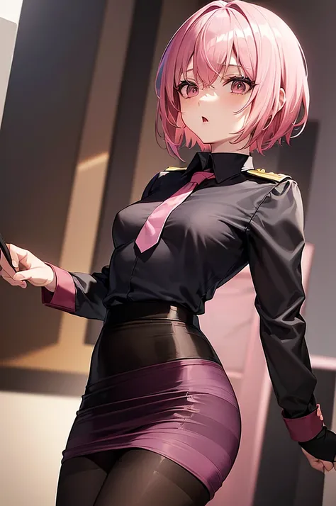 masterpiece, best quality,anime style, 1 girl,(((slender body))), (((small breast))),(((police officer uniform,pencil skirt,black pantyhose))), (beautiful face), (((short hair))), (((straight hair))), ((((pink hair)))),detailed beautiful skin, (perfect han...