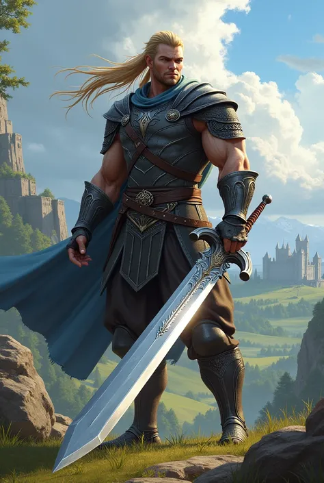 Create a 190 cm tall man carrying a greatsword . He has blue eyes and blonde hair which is tied into a ponytail except for 2 strands 