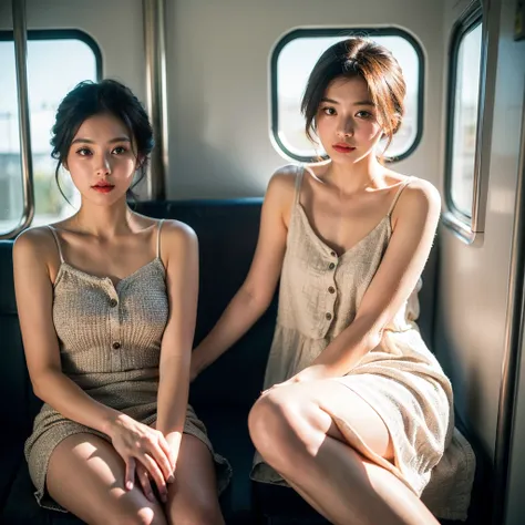 (masterpiece, Highest quality, 8k, RAW Photos, beautifully、beautiful:1.2),  Intricate details, indirect lighting, Realistic,
whole body, Sitting on a chair on the train、Gazing at the audience、Voyeur、
 Square neck button-down linen sundress, (Ultra-realisti...