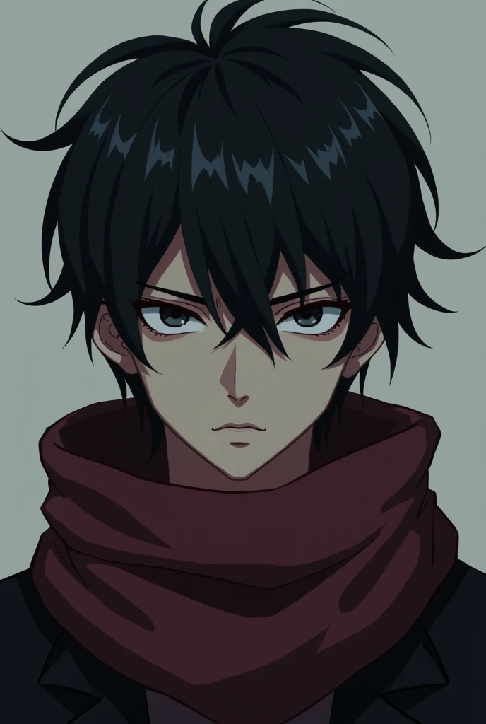 Short dark haired man wearing scarf with cold look and anime features