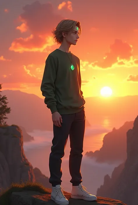 Young man standing looking at sunrise, her hair is light brown, wavy and neck length, Your eyes are white and in the middle of your forehead there is emerald and your clothes are casual, dark green long sleeve blouse, black pants with white sneakers modern...